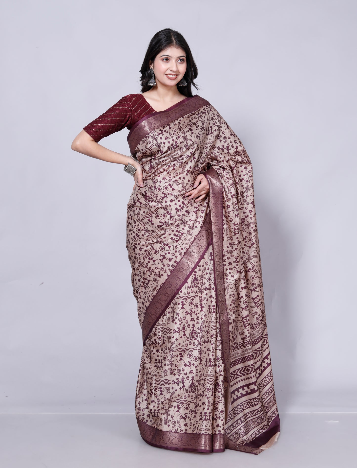 Pure Digital Tussar Silk Zari Weaving Saree