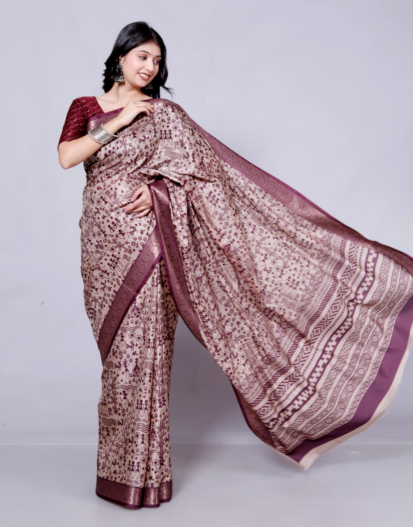 Pure Digital Tussar Silk Zari Weaving Saree