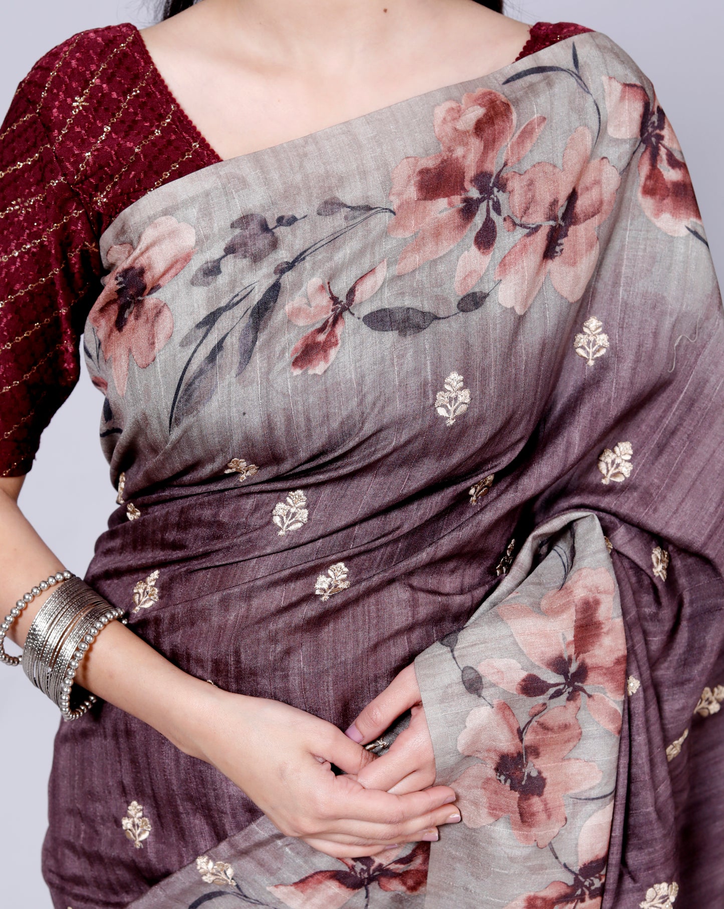 Pure Digital Raw Silk Embroidery Saree