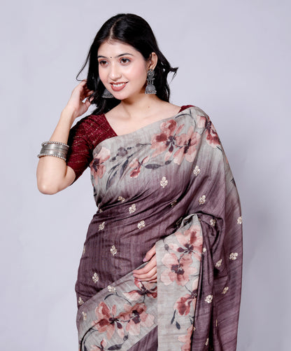 Pure Digital Raw Silk Embroidery Saree