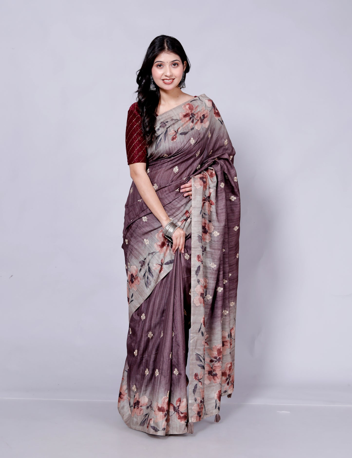 Pure Digital Raw Silk Embroidery Saree