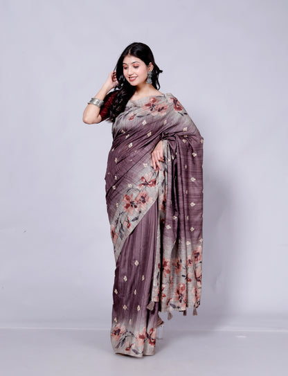 Pure Digital Raw Silk Embroidery Saree