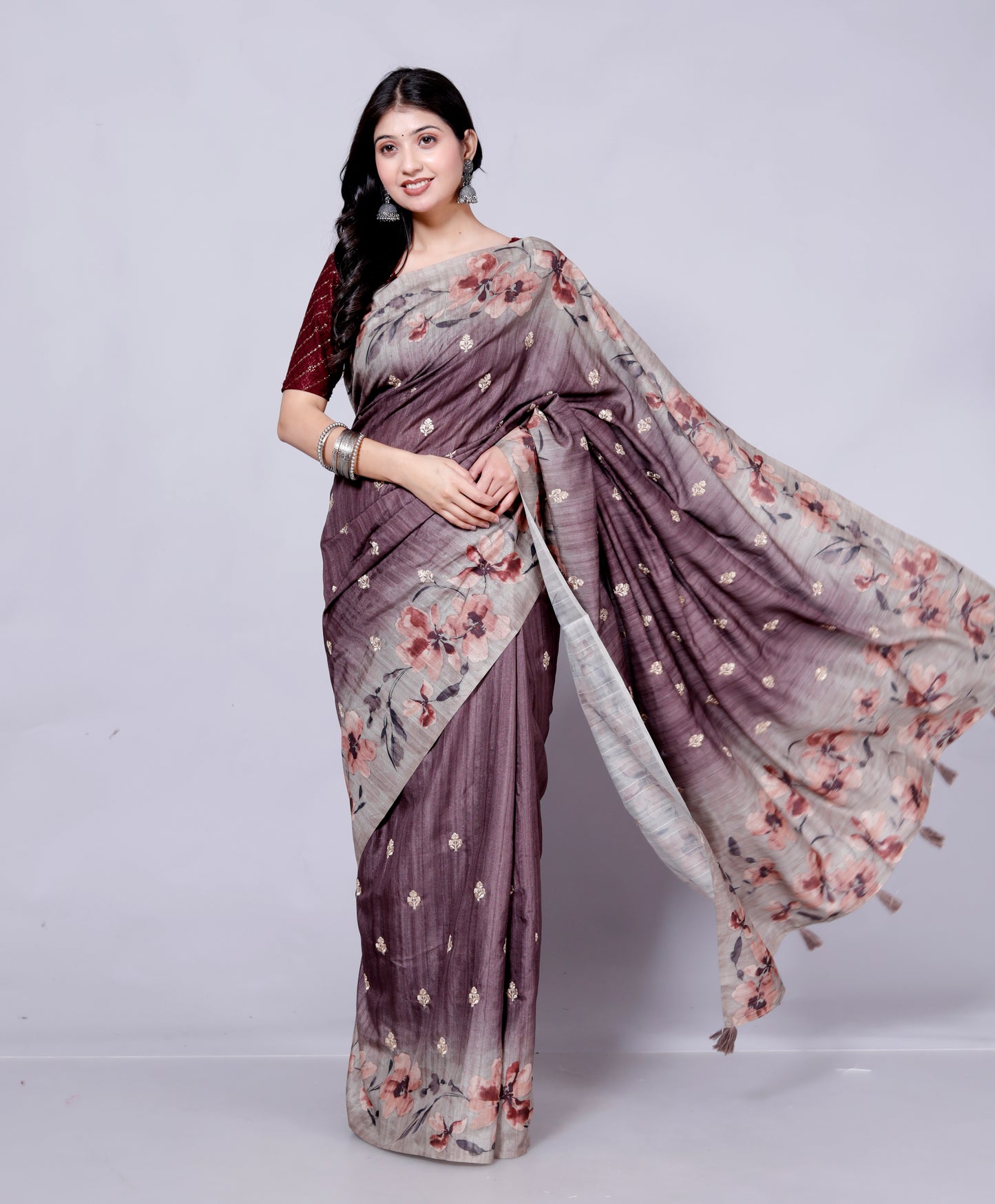 Pure Digital Raw Silk Embroidery Saree