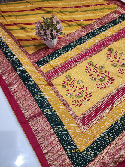 SAWAN LEHARIYA YELLOW COLOUR WITH FOIL AND DOLA CRUSH FABRIC BY SKFBHOLUBHAI