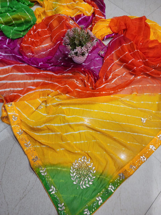DIAMOND CHIFFON PACHRANGA LATEST LEHRIYA GOTTA HANDWORK SAREE BY SKFBHOLUBHAI