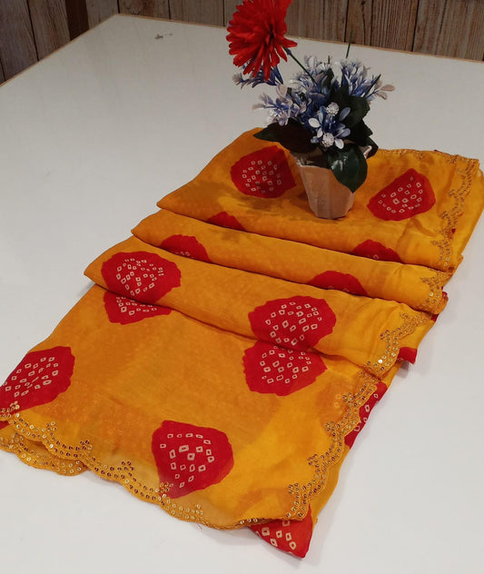 YELLOW COLOUR SPECIAL TRADITIONAL LADDU BANDHEJ SAREE