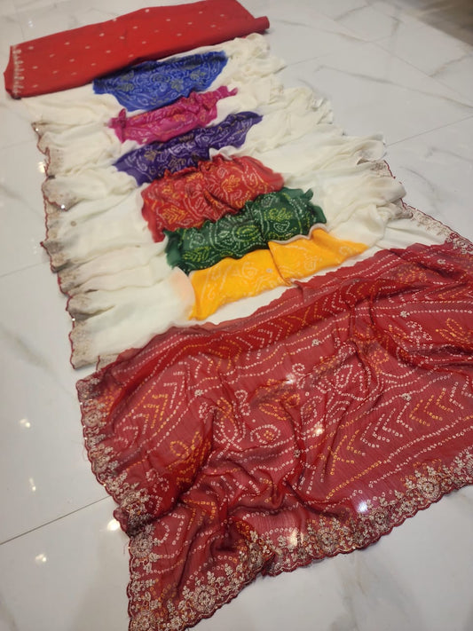 RAJASTHANI SPECIAL GHEVAR BANDHEJ MARBLE CHIFFON AND JARI WORK SAREE BY SKFBHOLUBHAI