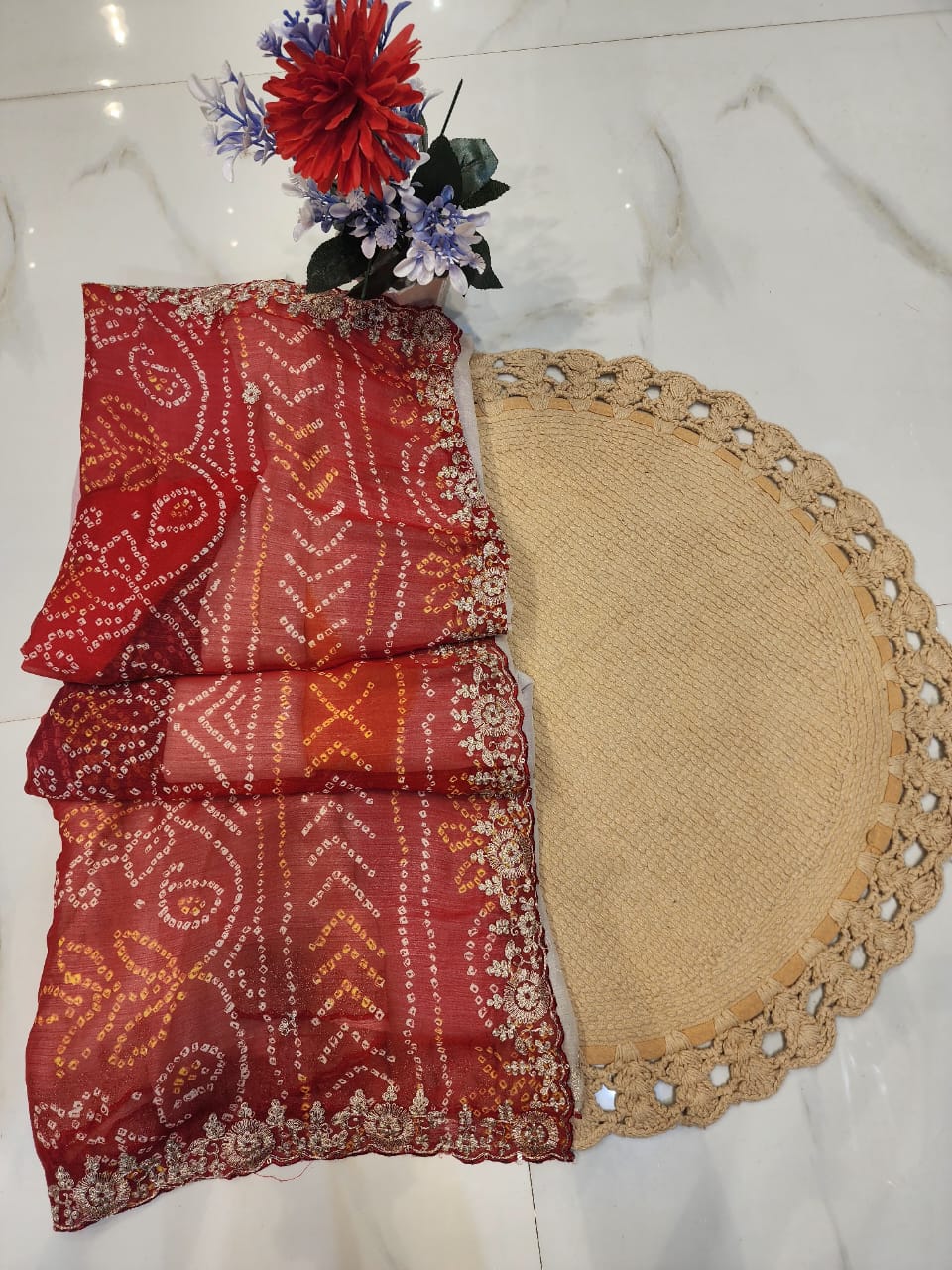 RAJASTHANI SPECIAL GHEVAR BANDHEJ MARBLE CHIFFON AND JARI WORK SAREE BY SKFBHOLUBHAI