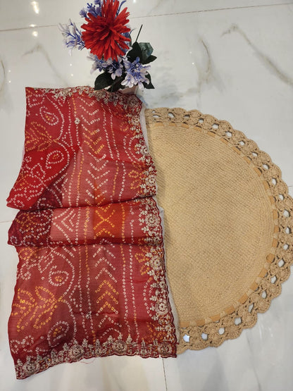 RAJASTHANI SPECIAL GHEVAR BANDHEJ MARBLE CHIFFON AND JARI WORK SAREE BY SKFBHOLUBHAI