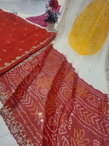 RAJASTHANI SPECIAL GHEVAR BANDHEJ MARBLE CHIFFON AND JARI WORK SAREE BY SKFBHOLUBHAI