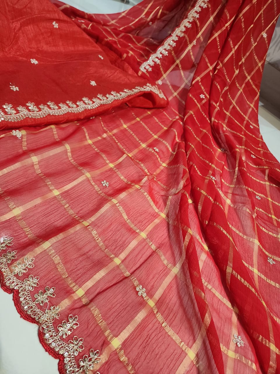 KARWACHAUTH SPECIAL RED COLOUR SAREE CHIFFON FABRIC GHAT CHOLA SAREE BY SKFBHOLUBHAI