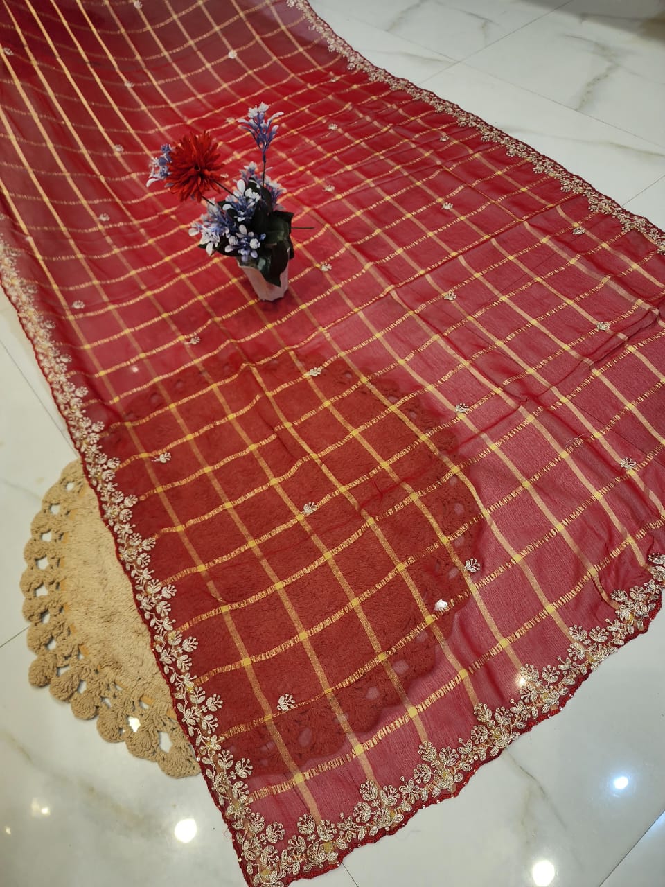 KARWACHAUTH RED COLOUR SAREE CHIFFON FABRIC GHAT CHOLA SAREE BY SKFBHOLUBHAI