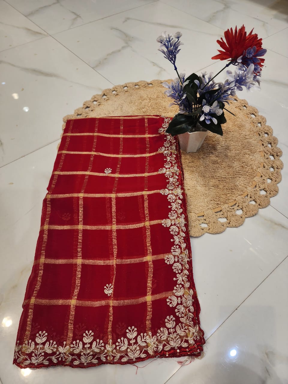 KARWACHAUTH RED COLOUR SAREE CHIFFON FABRIC GHAT CHOLA SAREE BY SKFBHOLUBHAI