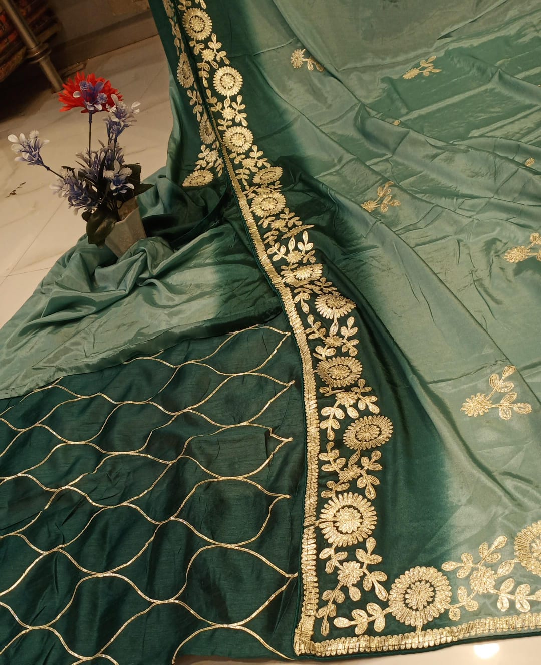 DOLA SILK TWO DIE KACCHA GOTA WORK SAREE BY SKFBHOLUBHAI