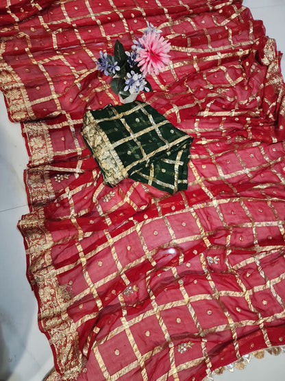 KARWACHAUTH RED COLOUR VISCOSE GEORGETTE FABRIC GHAT CHOLA SAREE BY SKFBHOLUBHAI