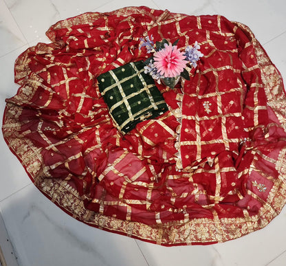 KARWACHAUTH RED COLOUR VISCOSE GEORGETTE FABRIC GHAT CHOLA SAREE BY SKFBHOLUBHAI