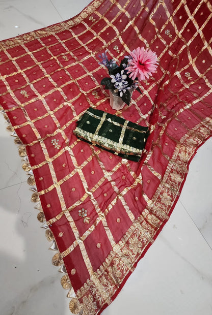 KARWACHAUTH RED COLOUR VISCOSE GEORGETTE FABRIC GHAT CHOLA SAREE BY SKFBHOLUBHAI