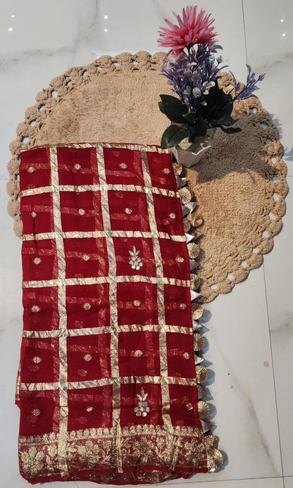 KARWACHAUTH RED COLOUR VISCOSE GEORGETTE FABRIC GHAT CHOLA SAREE BY SKFBHOLUBHAI