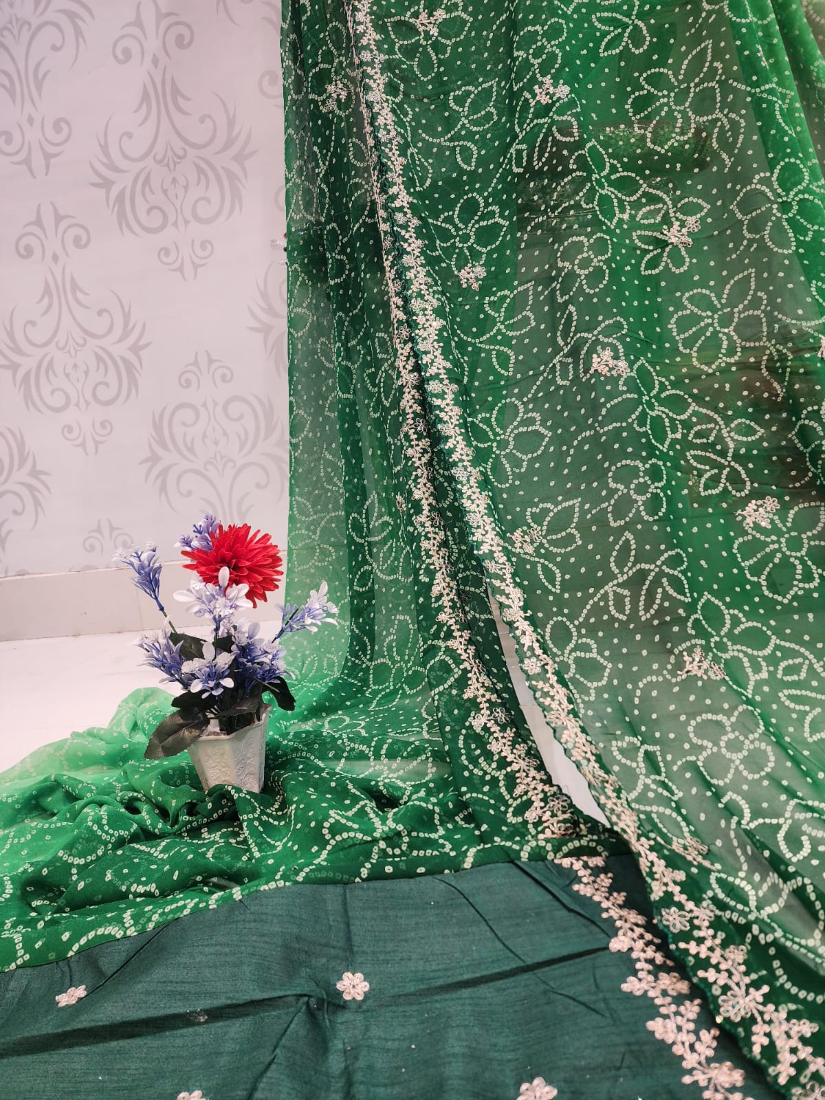 FESTIVAL SPECIAL BANDHEJ SAREE WITH PITTEN WORK BY SKFBHOLUBHAI