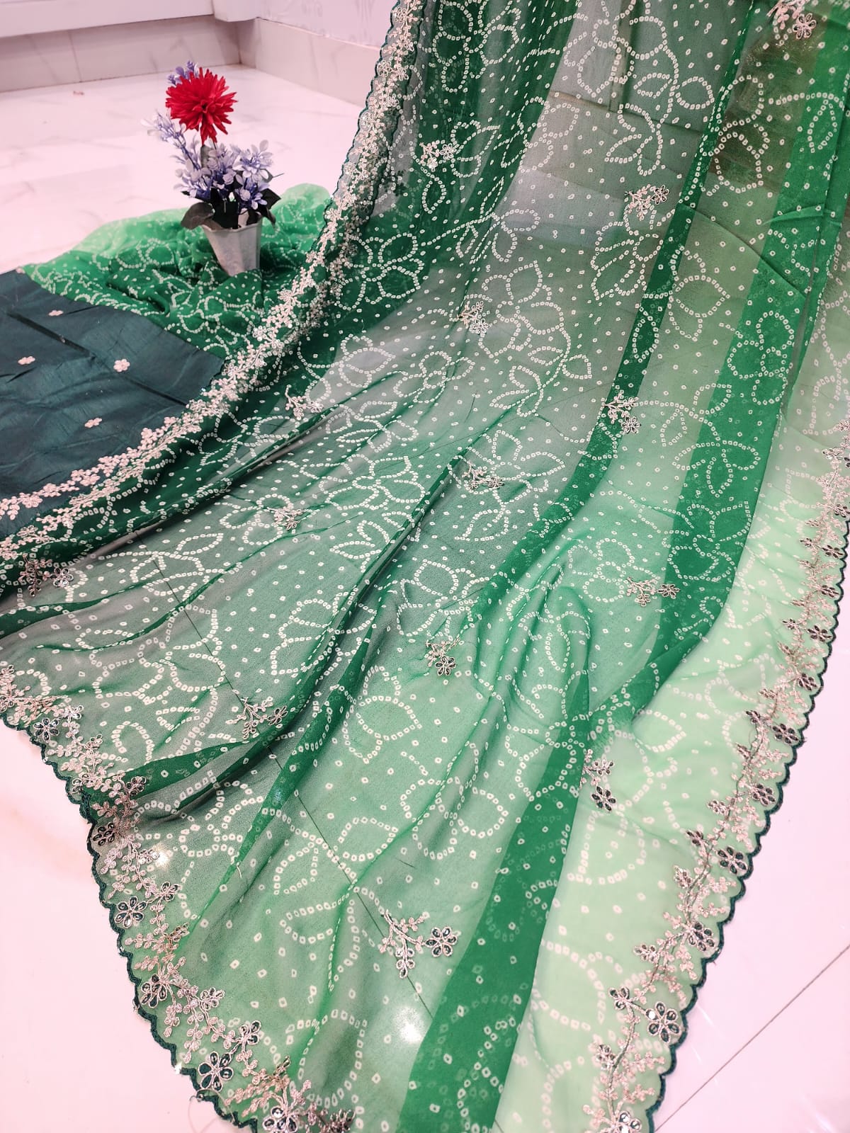 FESTIVAL SPECIAL BANDHEJ SAREE WITH PITTEN WORK BY SKFBHOLUBHAI