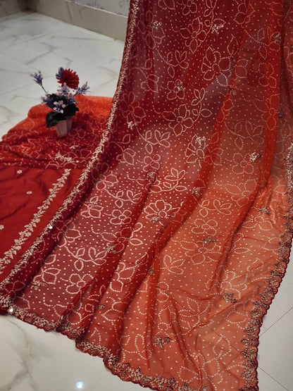 FESTIVAL SPECIAL BANDHEJ SAREE WITH PITTEN WORK BY SKFBHOLUBHAI