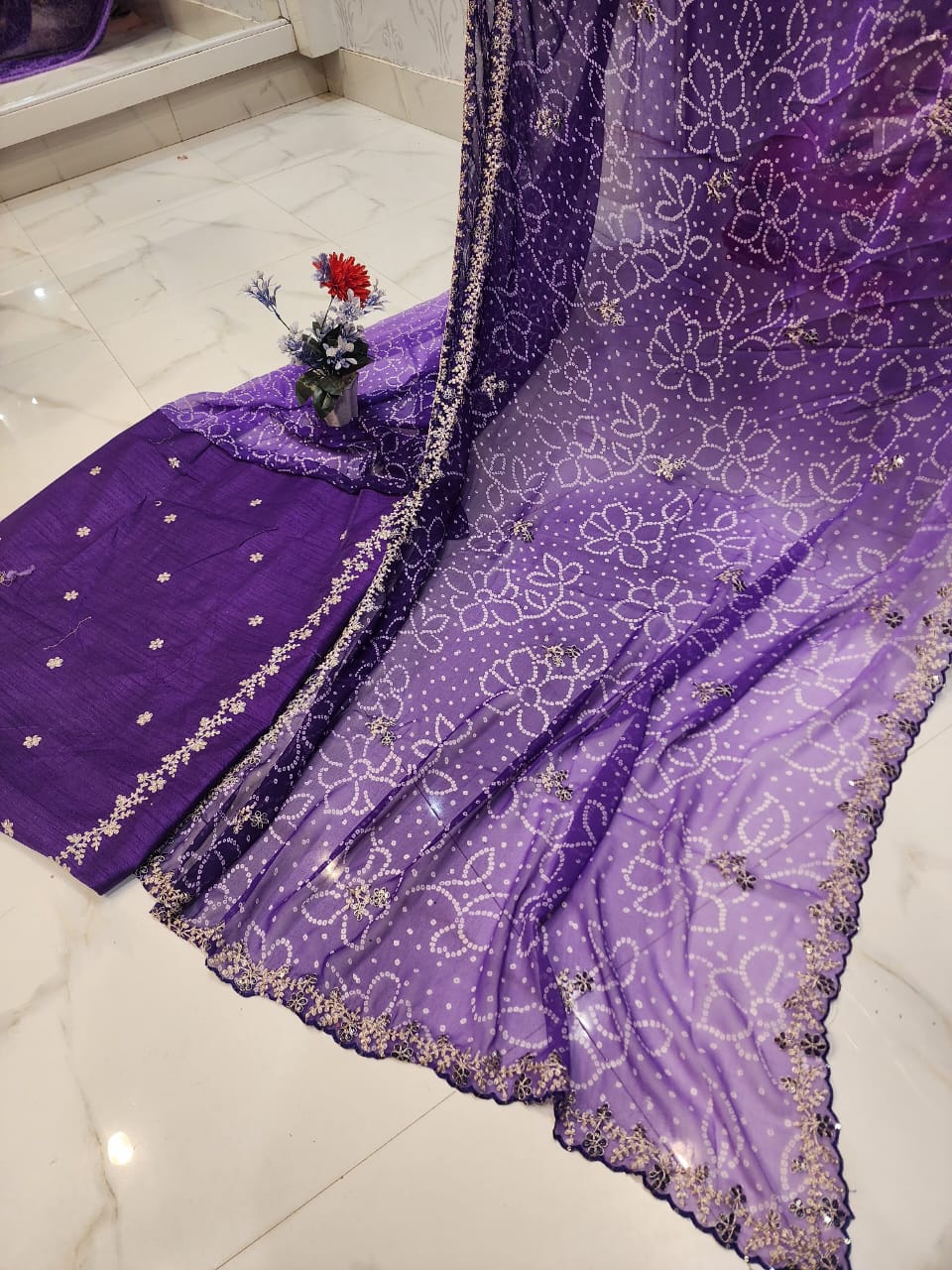 FESTIVAL SPECIAL BANDHEJ SAREE WITH PITTEN WORK BY SKFBHOLUBHAI