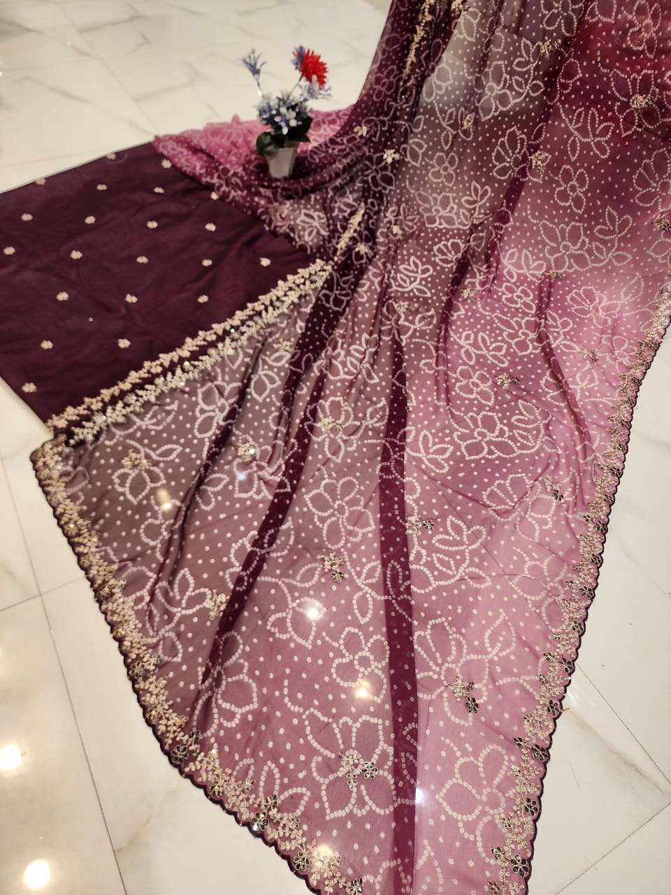 FESTIVAL SPECIAL BANDHEJ SAREE WITH PITTEN WORK BY SKFBHOLUBHAI