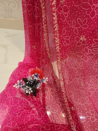 FESTIVAL SPECIAL BANDHEJ SAREE WITH PITTEN WORK BY SKFBHOLUBHAI