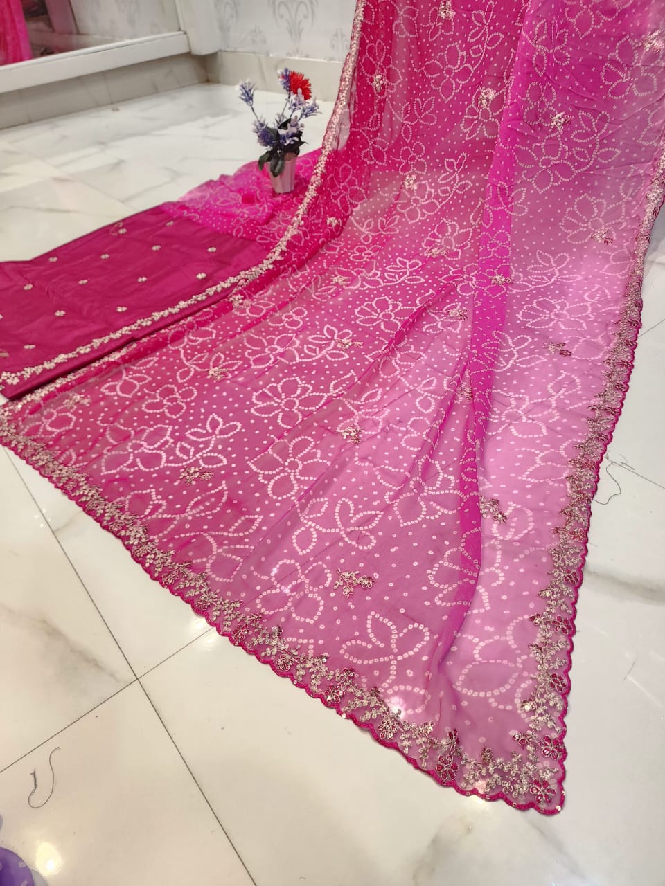 FESTIVAL SPECIAL BANDHEJ SAREE WITH PITTEN WORK BY SKFBHOLUBHAI