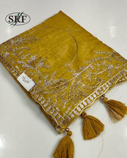 GLOSSY TISSUE CUTWORK BORDER JAAL EMBROIDERY IVORY SAREE BY SKFBHOLUBHAI