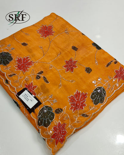 HO SILK HAND PAINTED ZARI OUTLINE VIBRANT YELLOW SAREE BY SKFBHOLUBHAI