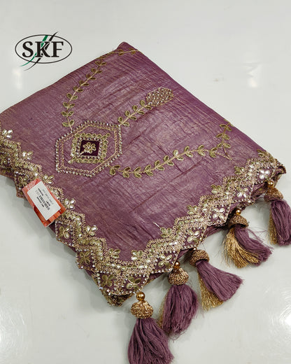 CRUSH TISSUE ZARI GOTTA EMBROIDERY JAAL ICE BLUE SAREE BY SKFBHOLUBHAI
