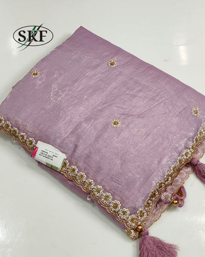 CRUSH TISSUE PERAL HANDWORK PISTA GREEN SAREE BY SKFBHOLUBHAI