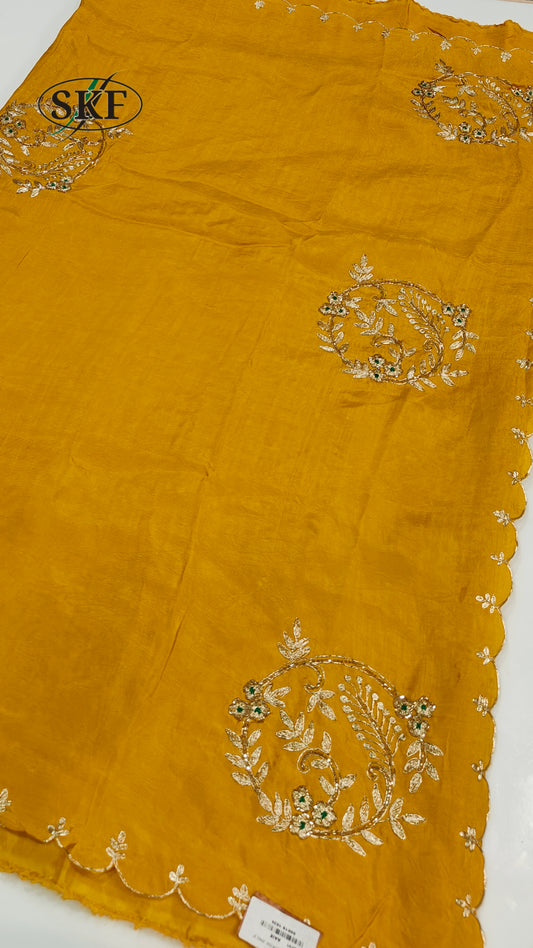 HO SILK ZARI HAND BUTTA WORK YELLOW MUSTUERD SAREE BY SKFBHOLUBHAI
