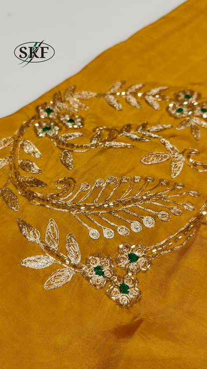 HO SILK ZARI HAND BUTTA WORK YELLOW MUSTUERD SAREE BY SKFBHOLUBHAI