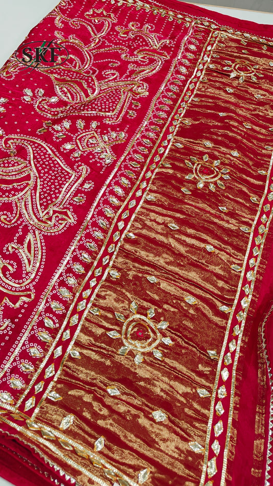 GAJJI SILK KACHA GOTTA CHAKRA BHANDHANI BORDER WORK RANI PINK SAREE BY SKFBHOLUBHAI