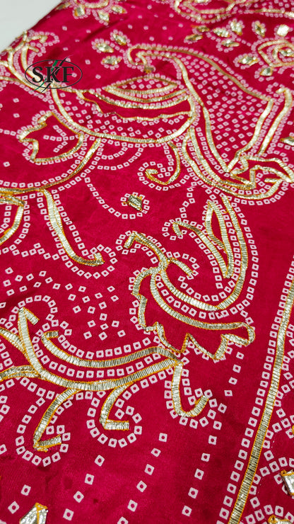 GAJJI SILK KACHA GOTTA CHAKRA BHANDHANI BORDER WORK RANI PINK SAREE BY SKFBHOLUBHAI