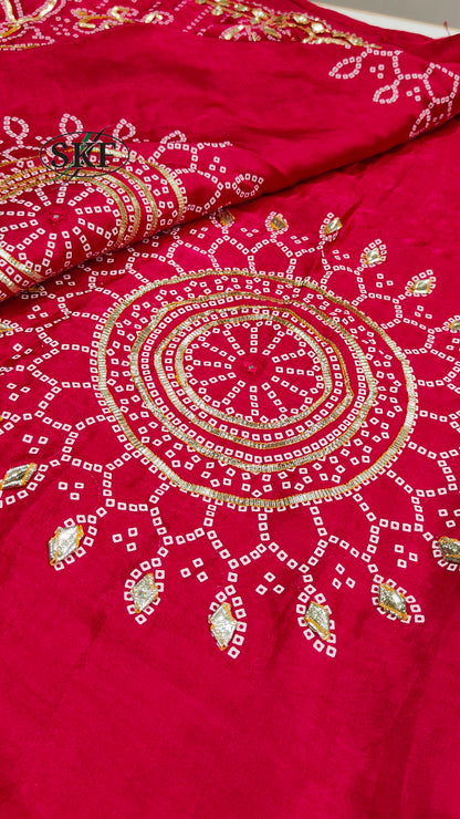 GAJJI SILK KACHA GOTTA CHAKRA BHANDHANI BORDER WORK RANI PINK SAREE BY SKFBHOLUBHAI
