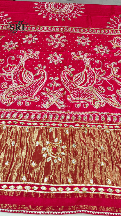 GAJJI SILK KACHA GOTTA CHAKRA BHANDHANI BORDER WORK RANI PINK SAREE BY SKFBHOLUBHAI
