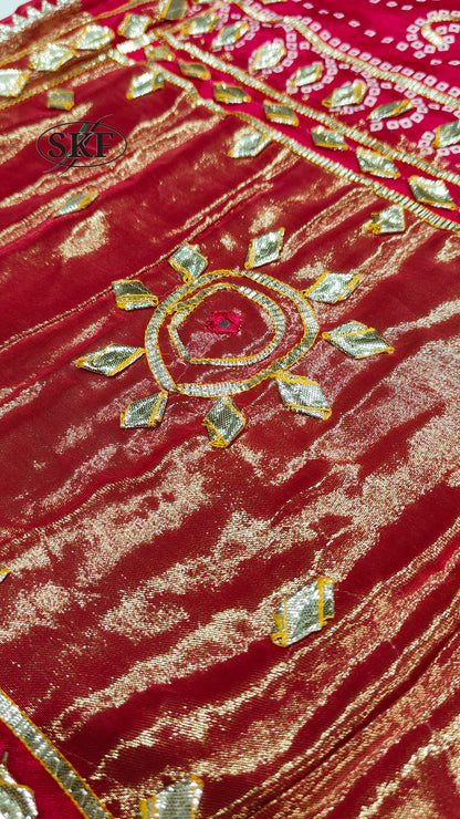 GAJJI SILK KACHA GOTTA CHAKRA BHANDHANI BORDER WORK RANI PINK SAREE BY SKFBHOLUBHAI