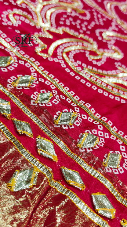 GAJJI SILK KACHA GOTTA CHAKRA BHANDHANI BORDER WORK RANI PINK SAREE BY SKFBHOLUBHAI