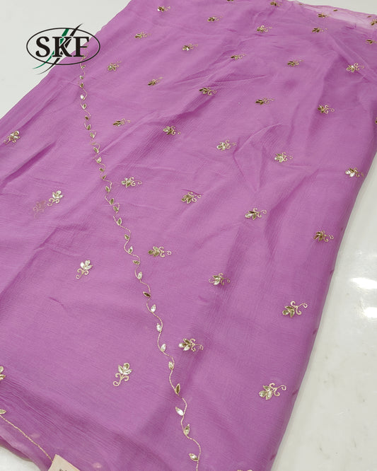 PURE CHIFFON GOTTAPATTI AARI WORK LAVENDER SAREE BY SKFBHOLUBHAI