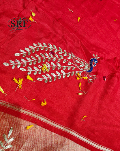 RUSSIAN SILK PEACOCK MOTIF AARI WEAVING WORK SAREE BY SKFBHOLUBHAI