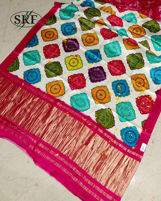 GAJJI SILK PACHRANGA DIGITAL MOTIF FLORAL JAAL PRINT MULTICOLOUR SAREE BY SKFBHOLUBHAI