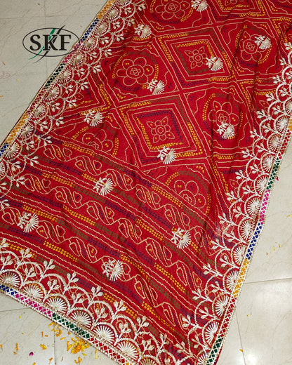 CHINON CREPE RAJASTHANI CHUNRI KACHA GOTTA WORK RED SAREE BY SKFBHOLUBHAI