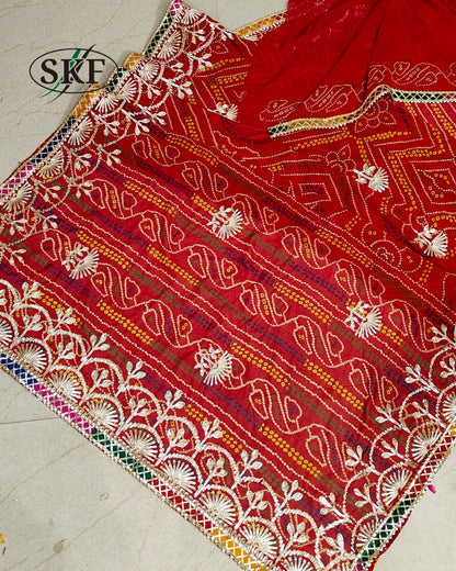 CHINON CREPE RAJASTHANI CHUNRI KACHA GOTTA WORK RED SAREE BY SKFBHOLUBHAI