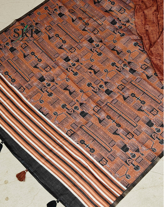 LINEN COTTON DIGITAL EYGPTIAN PRINT WEAVING BORDER WORK BROWN SAREE BY SKFBHOLUBHAI
