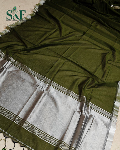 COTTON PLAIN WEAVING PALLU BOTTLEGREEN & SILVER SAREE BY SKFBHOLUBHAI