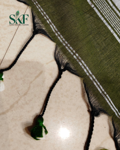 COTTON PLAIN WEAVING PALLU BOTTLEGREEN & SILVER SAREE BY SKFBHOLUBHAI