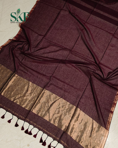 COTTON PLAIN WEAVING PALLU WINE & BRONZE SAREE BY SKFBHOLUBHAI